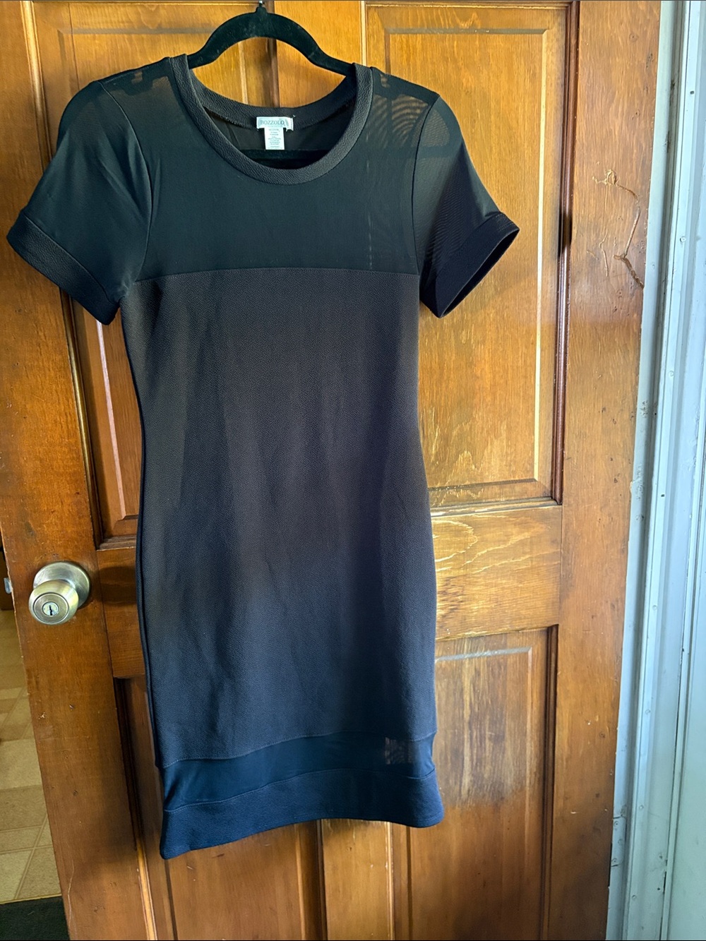 Bozzolo Black Short Sleeved Sheath Dress with Mesh Panel Details